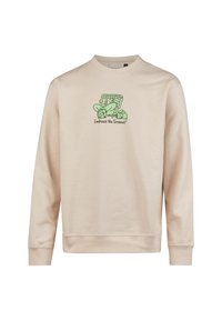 Light beige sweatshirt in a soft material, featuring a green graphic print with the text "Embrace the Timeout" on the front.