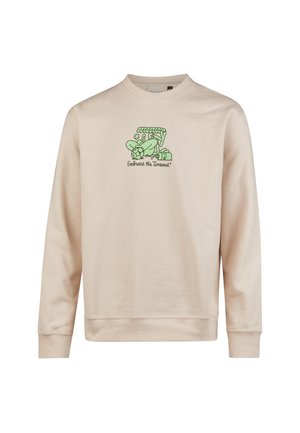 Hellbeige Sweatshirt aus einem weichen Material mit einem grünen Grafikdruck und dem Text "Embrace the Timeout" auf der Vorderseite.