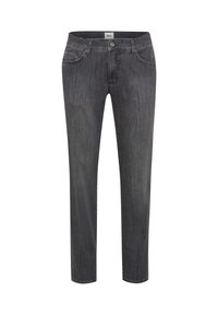 Donkergrijze spijkerbroek met een recht gesneden pasvorm, vijf zakken en een knoopsluiting. Heeft subtiele vervaging en een klassieke waistband.