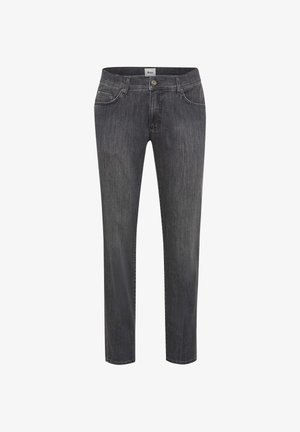 Mørkegrå denim jeans med lige ben, fem lommer og knaplukning. Har diskret lysninger og et klassisk taljebånd.