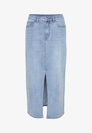 Jupe en denim bleu clair, longueur genou avec une fente devant, design à cinq poches et détails de coutures le long des seams. Fermeture classique à boutons.