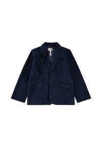 Blazer in corda di colore blu navy con rever a punta, due tasche frontali e due bottoni neri, caratterizzato da una superficie liscia e un design sartoriale.