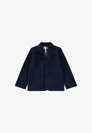 Navyblauwe corduroy blazer met een gelapt kraag, twee voorzakken en twee zwarte knopen, met een gladde textuur en een slim fit ontwerp.