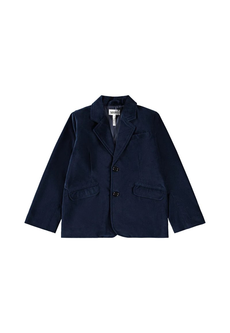 Blazer in corda di colore blu navy con rever a punta, due tasche frontali e due bottoni neri, caratterizzato da una superficie liscia e un design sartoriale.