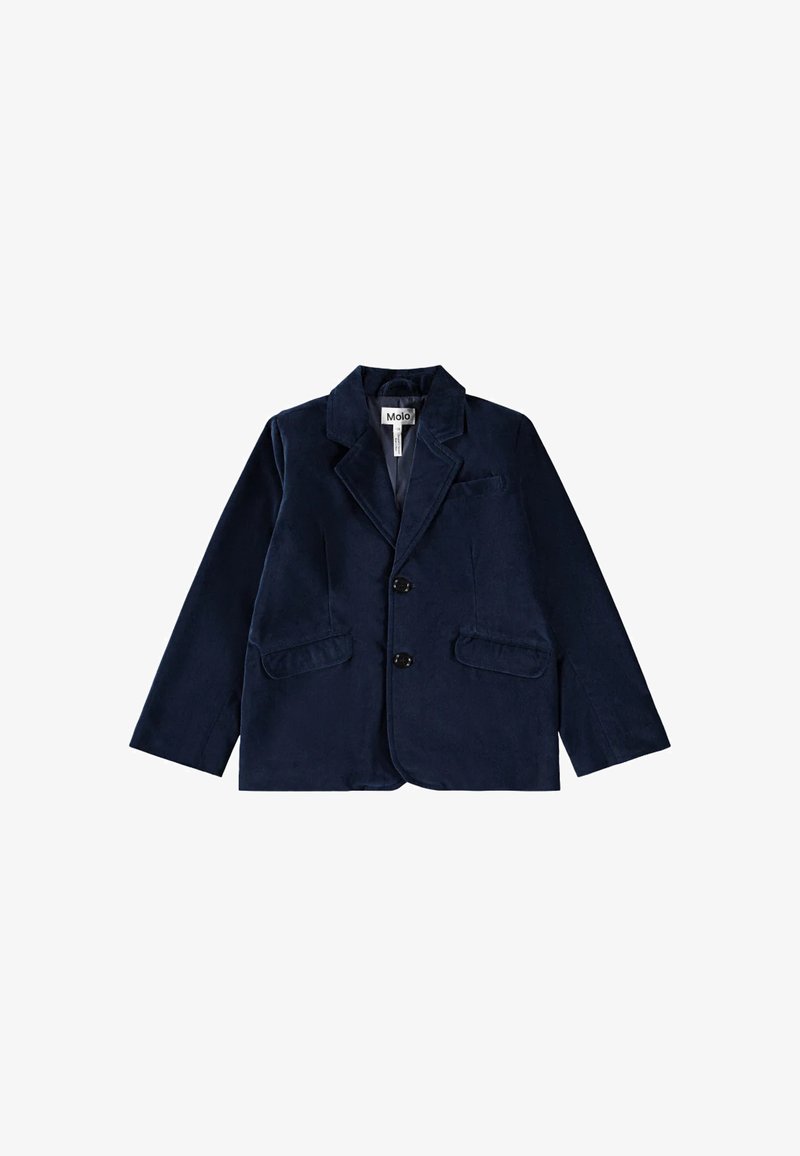 Granatowa marynarka z korduroju z klapami, dwoma przednimi kieszeniami i dwiema czarnymi guzikami, charakteryzująca się gładką fakturą i dopasowanym krojem.