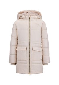 Beige pufferjack met een capuchon, ritsluiting, twee voorzakken, ribgebreide manchetten en een horizontaal stikselontwerp. Glad textuur met minimale branding.