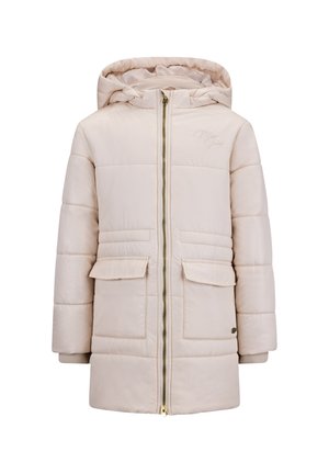 Beige pufferjack met een capuchon, ritsluiting, twee voorzakken, ribgebreide manchetten en een horizontaal stikselontwerp. Glad textuur met minimale branding.