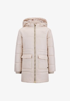 Beige puffer jacket with a hood, zip closure, two front pockets, ribbed cuffs, and horizontal stitching design. Smooth texture with minimal branding.
