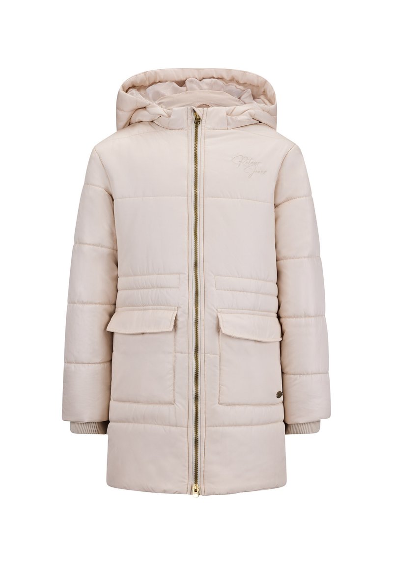 Beige pufferjack met een capuchon, ritsluiting, twee voorzakken, ribgebreide manchetten en een horizontaal stikselontwerp. Glad textuur met minimale branding.