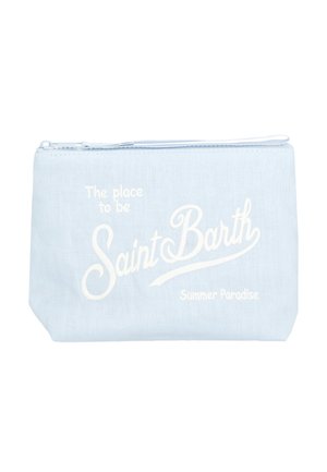 Lichtblauw etui met ritssluiting en witte tekst "The place to be Saint Barth Summer Paradise" aan de voorkant.
