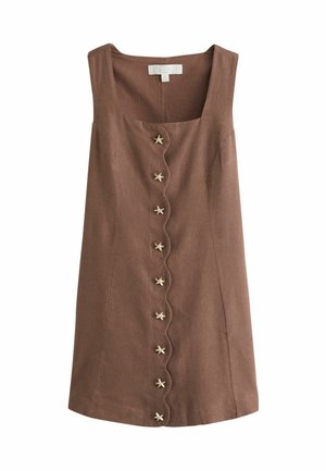 Brown linen dress with a square neckline, star-shaped buttons down the front, and a wavy seam along the button placket.