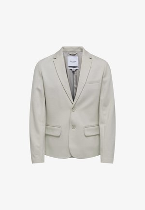 Blazer gris claro hecho de tela suave, con solapa con muesca, dos bolsillos frontales y cierre de dos botones con un solo bolsillo en el pecho.