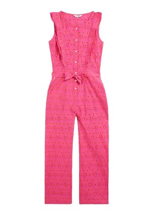 Mono sin mangas de color rosa con calados florales de ojales, botones delanteros, hombros con volantes y cinturón de lazo en la cintura.