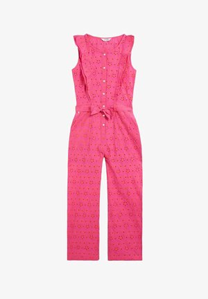 Mono sin mangas de color rosa con calados florales de ojales, botones delanteros, hombros con volantes y cinturón de lazo en la cintura.