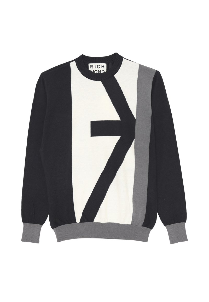 Maglione lavorato a maglia nero e bianco sporco con un design geometrico, caratterizzato da tonalità di grigio. Collo e polsini a coste, vestibilità rilassata.