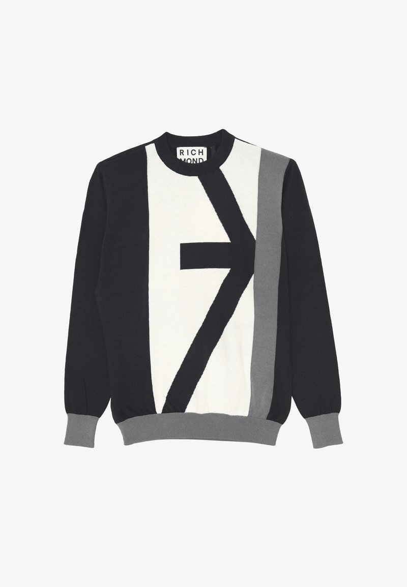 Maglione lavorato a maglia nero e bianco sporco con un design geometrico, caratterizzato da tonalità di grigio. Collo e polsini a coste, vestibilità rilassata.