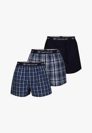 Three pairs of boxer shorts: one blue checkered, one black, and one light checkered. All feature elastic waistbands labeled "TOM TAILOR."