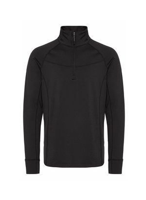 Black pullover with a high collar, half-zip front, and long sleeves. Made from lightweight, textured fabric with minimalist design.