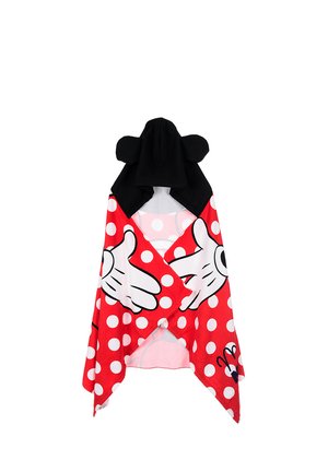 Rotes und weißes Kapuzenhandtuch mit Punkten, mit schwarzen Mausohren und weißen Cartoon-Handschuhen auf der Vorderseite, für Kinder entworfen.