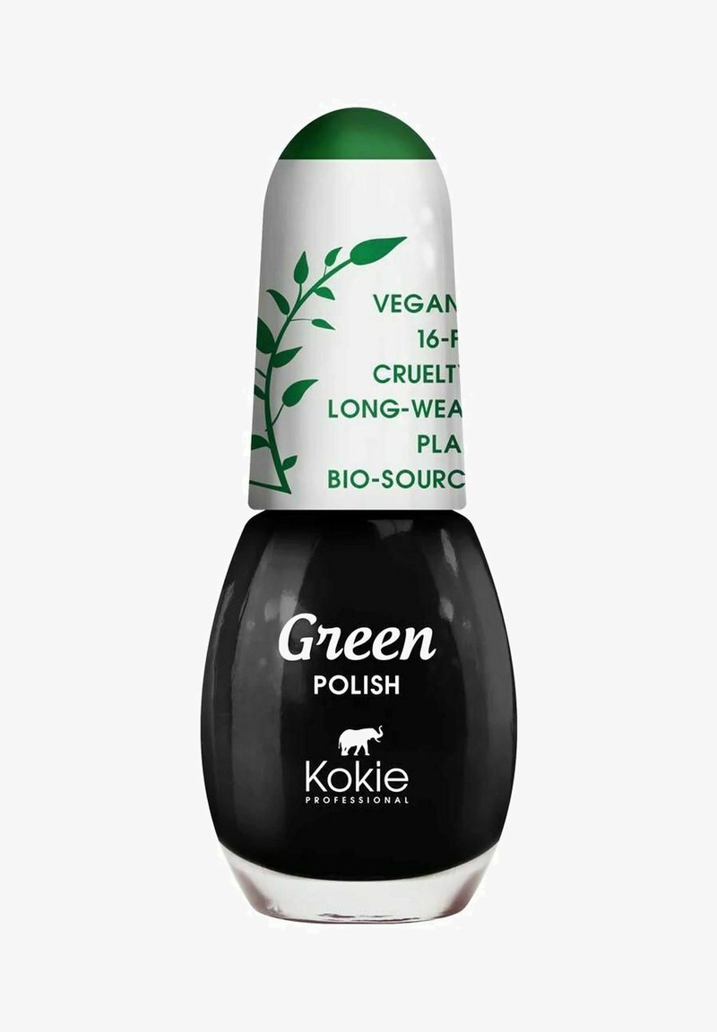 Sort neglelak i en rund flaske med en grønt bladmønstret kapsel. Teksten på kapslen inkluderer "Vegansk", "Ikke testet på dyr" og "Grøn neglelak."