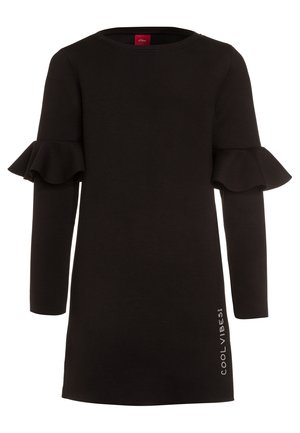 Czarna sukienka z długimi rękawami, ozdobami w postaci falbanek na rękawach, okrągłym dekoltem i nadrukiem "COOL VIBES" na dolnej części. Gładka tekstura materiału.