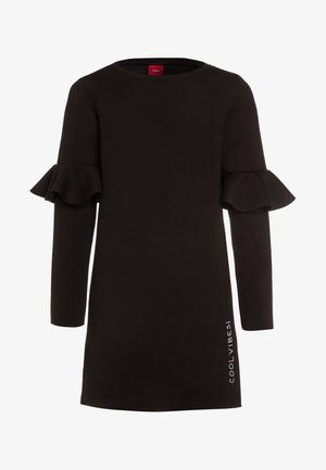 Black dress with long sleeves, ruffle accents on sleeves, round neckline, and "COOL VIBES" print on the lower side. Smooth fabric texture.