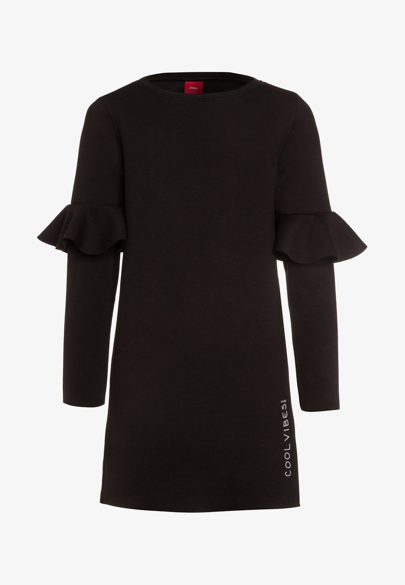 Robe noire à manches longues, accents de volants sur les manches, encolure ronde et impression "COOL VIBES" sur le bas. Texture de tissu lisse.