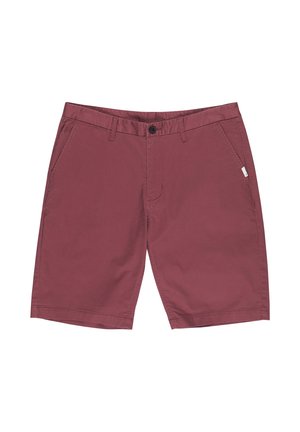 Bordeauxrode casual shorts met steekzakken aan de voorkant, riemlussen en een zwarte knoopsluiting.