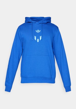 Blaues Hoodie mit Kordelzügen, Kängurutasche und einem hellblauen Logo auf der Brust. Aus weichem Stoff mit gerippten Bündchen und Saum gefertigt.