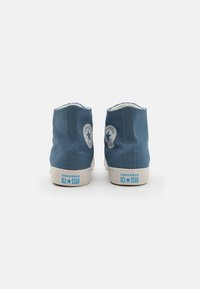 Blue canvas high-top sneakers with white rubber soles, featuring a circular logo on each side and "CONVERSE ALL STAR" branding on the heel.