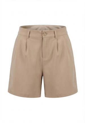Pantaloncini beige a vita alta con passanti per cintura, pieghe frontali, chiusura con bottone e senza tasche visibili, esposti su sfondo bianco.