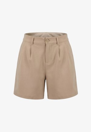 Pantaloncini beige a vita alta con passanti per cintura, pieghe frontali, chiusura con bottone e senza tasche visibili, esposti su sfondo bianco.