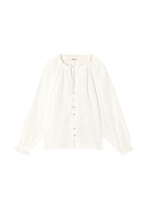 Blouse blanche à manches longues en tissu léger avec un col froncé et un boutonnage sur le devant. Présente des plis et des poignets élastiques pour un ajustement décontracté.