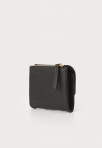 Black textured wallet made of synthetic material. Features gold hardware, a zip closure, and a compact, square shape.