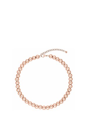 Rose gold beaded bracelet with round polished beads and adjustable chain clasp closure on a white background.