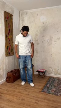 Homme en chemise blanche et jean regardant vers le bas, debout sur un sol en bois à côté d'un sac marron, d'une petite chaise et d'un tapis à motifs dans une pièce usée.