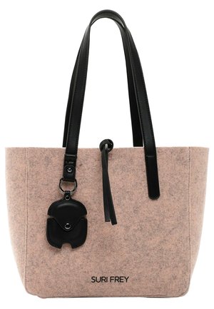 Sac fourre-tout en feutre rose avec poignées et accents en cuir noir. Comprend une petite pochette noire détachable. L'avant présente le logo de la marque.