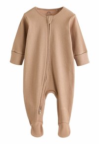 Gestreifter brauner Baby-Overall mit langen Ärmeln, Reißverschluss vorne und Fuß-Design. Glatte Textur und runder Ausschnitt.