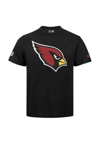 Camiseta de algodón negra con un gran logo de los Arizona Cardinals en rojo, blanco y amarillo. Mangas cortas, cuello redondo, corte casual.