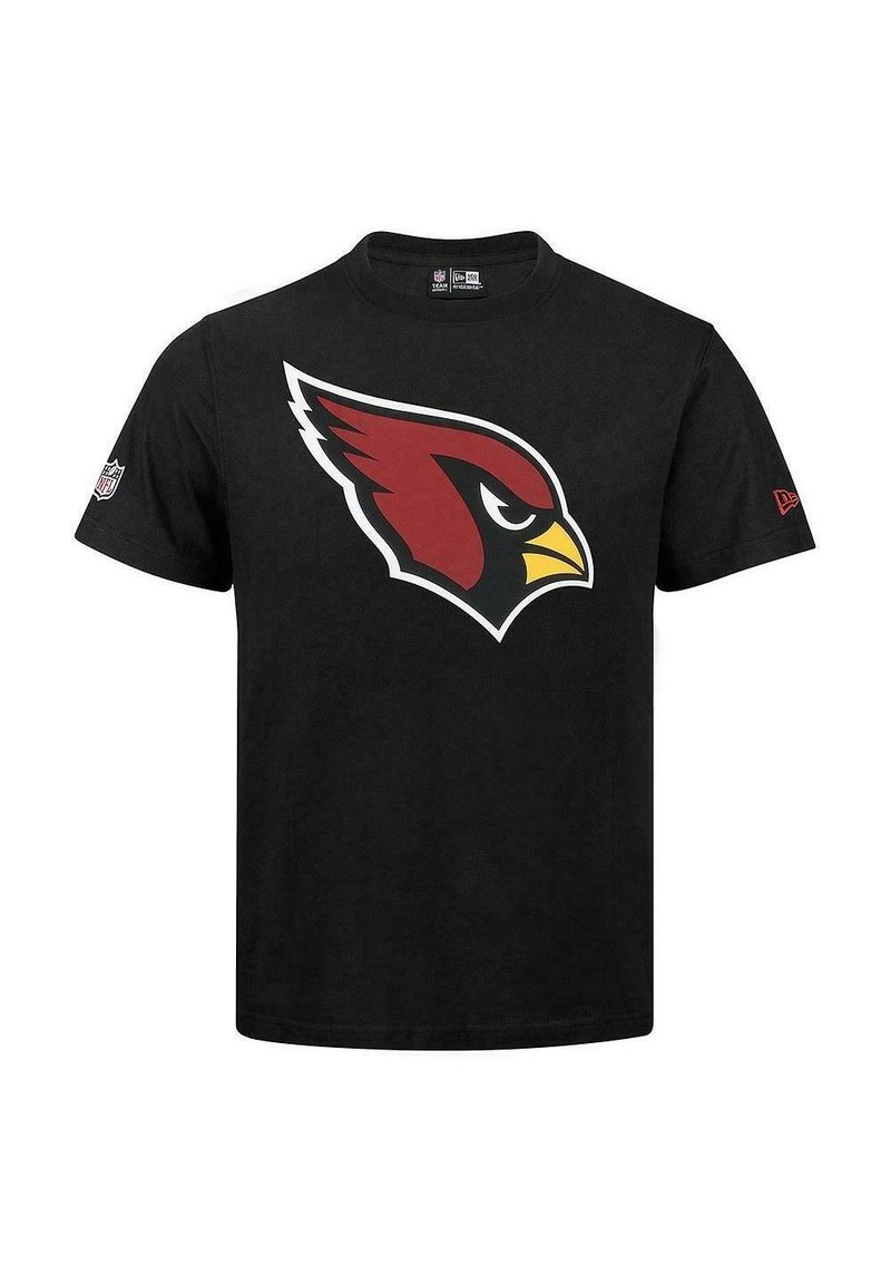 Camiseta de algodón negra con un gran logo de los Arizona Cardinals en rojo, blanco y amarillo. Mangas cortas, cuello redondo, corte casual.