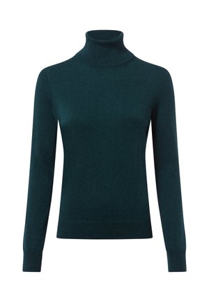 Dunkelgrüner Rollkragenpullover aus weichem Strickstoff, mit langen Ärmeln und einer taillierten Passform, die mit Rippakzenten am Kragen und Saum versehen ist.