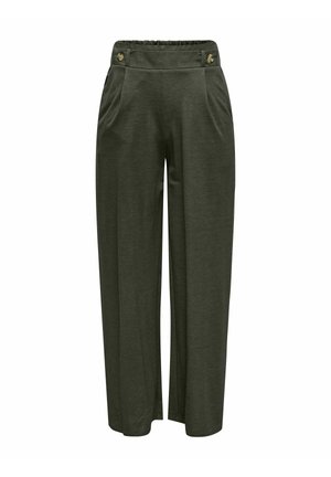 Groene wijde broek van een zachte stof, met een rekbare tailleband, twee voorzakken en decoratieve knopen in goudkleur.