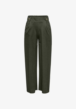 Pantaloni verzi cu picioare largi dintr-un material moale, având un brâu elastic, două buzunare frontale și butoane decorative de culoare aurie.