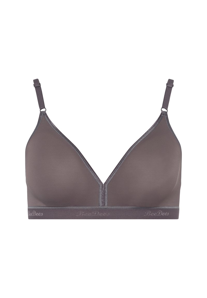 Light grey wireless bra with a V-neck design, adjustable straps, and a soft elastic band featuring the brand name on it. Smooth texture.