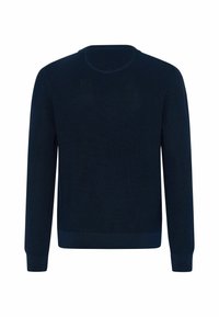 Dunkelblauer gestrickter Pullover mit langen Ärmeln, rundem Halsausschnitt, gerippten Bündchen und Saum. Strukturiertes Finish, einfarbig ohne Muster.