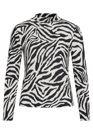 Ilgiem piedurkņu tops ar melnbaltu zebra svītru rakstu, izgatavots no mīksta auduma ar augstu apkakli un piegulošu dizainu.