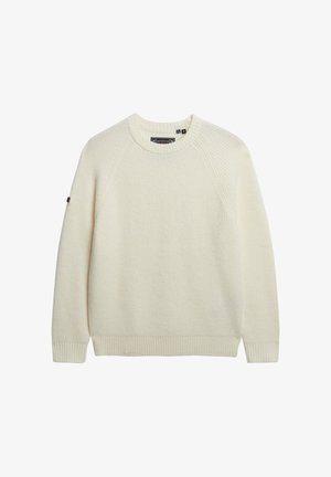 Krèmefarvet strikket sweater med lange raglanærmer og ribbet crew-halsudskæring, manchetter og kant.