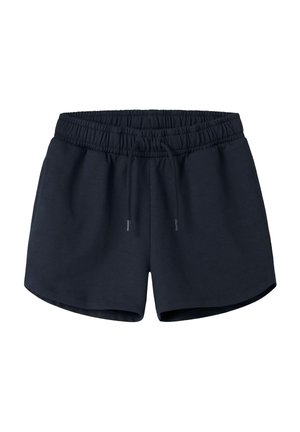 Czarne szorty z elastycznym pasem i regulowanym ściągaczem, luźnym krojem oraz zaokrąglonym wykończeniem, przeznaczone na co dzień lub do aktywności sportowej.