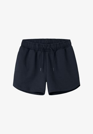 Shorts à taille élastique noire avec cordon ajustable, coupe ample et ourlet arrondi, conçus pour un usage décontracté ou sportif.