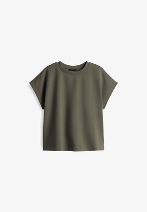 T-shirt verde oliva a maniche corte con collo rotondo, realizzato in tessuto morbido, con vestibilità rilassata e design minimalista.